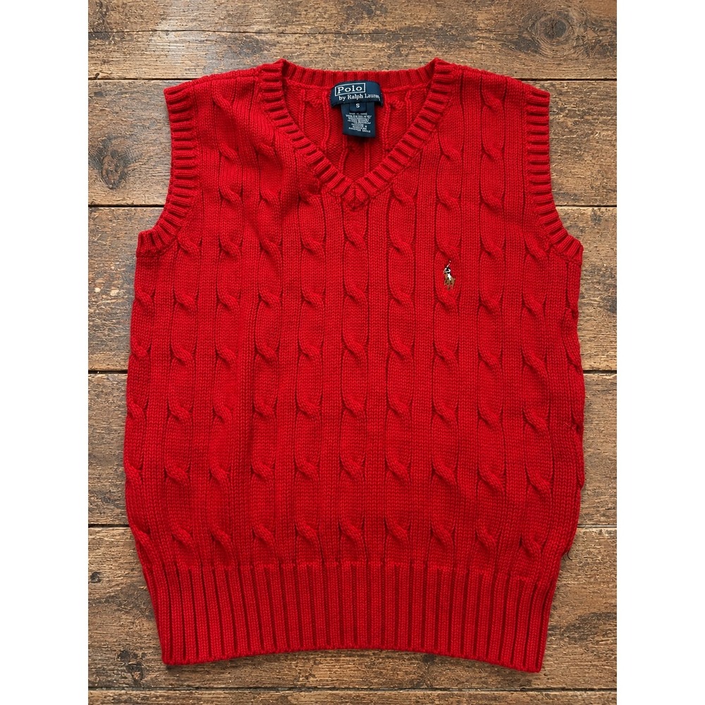 Polo Ralph Lauren Kids Red Cable Knit V-Neck Sweater Vest 5 Preppy Fall Winter